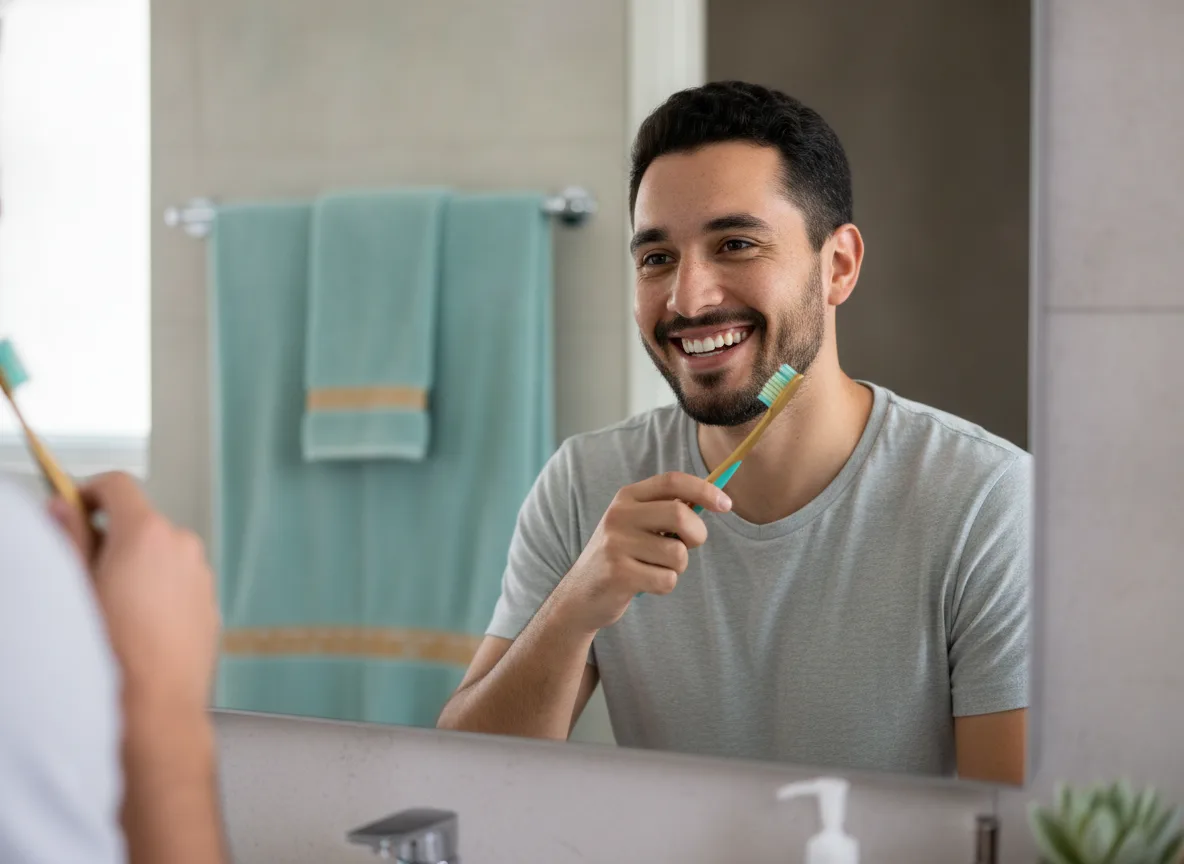 A man smiling at his reflection while brushing his teeth at home