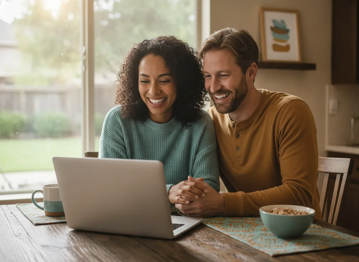 A couple smiling together while looking at a laptop at home