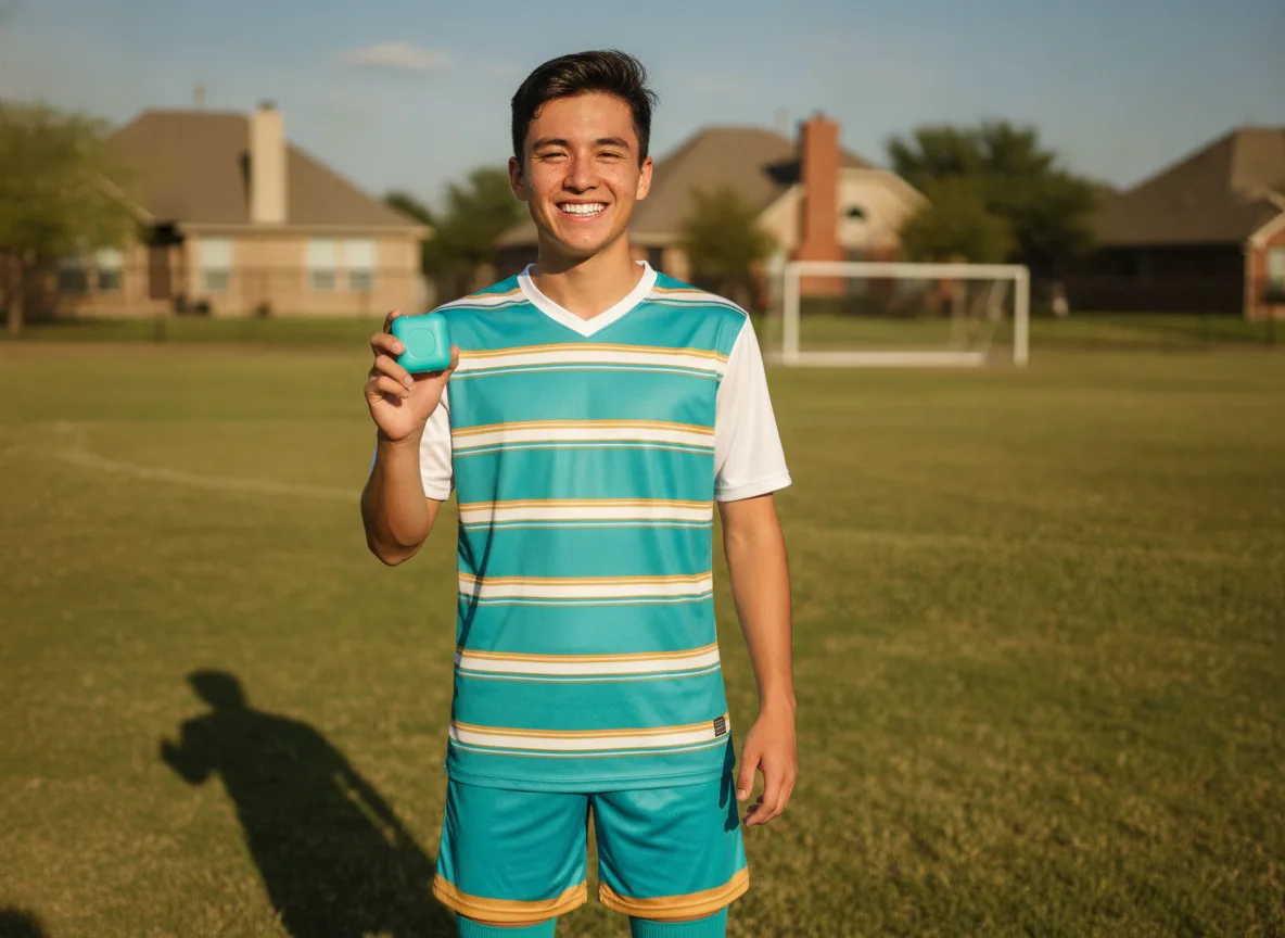 A smiling teenage athlete holding a mouthguard case on a sports field
