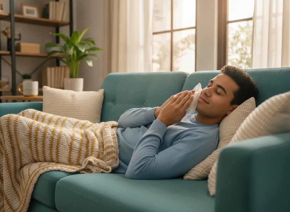 A man lying on a sofa with an ice pack against his cheek