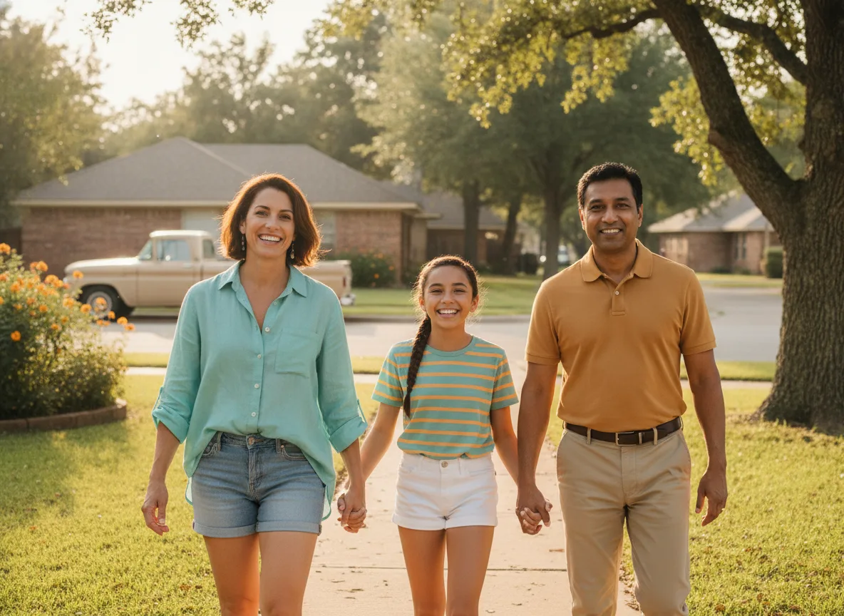 A family of three walking together through a sunny neighborhood