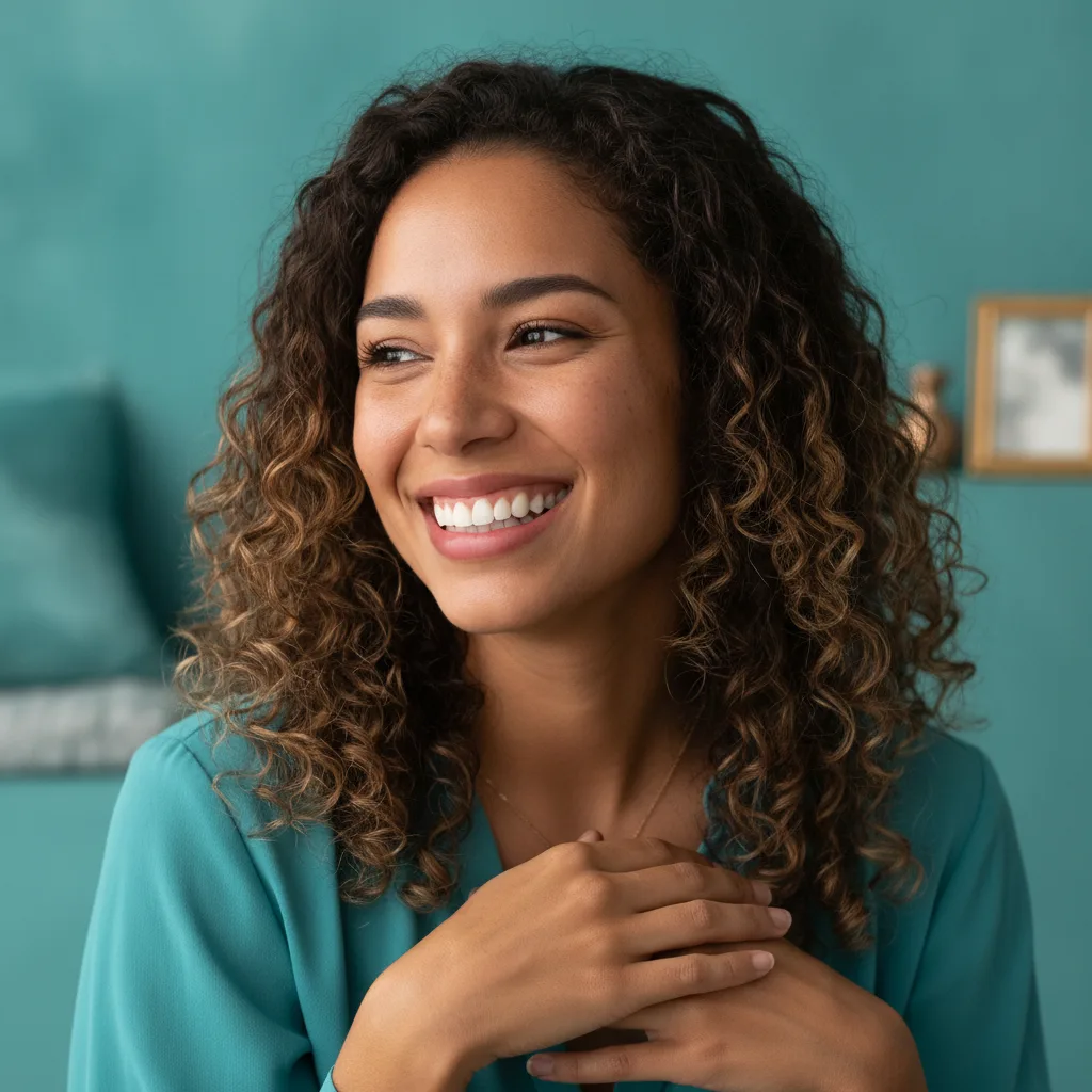 Close-up of a woman with a bright, confident smile