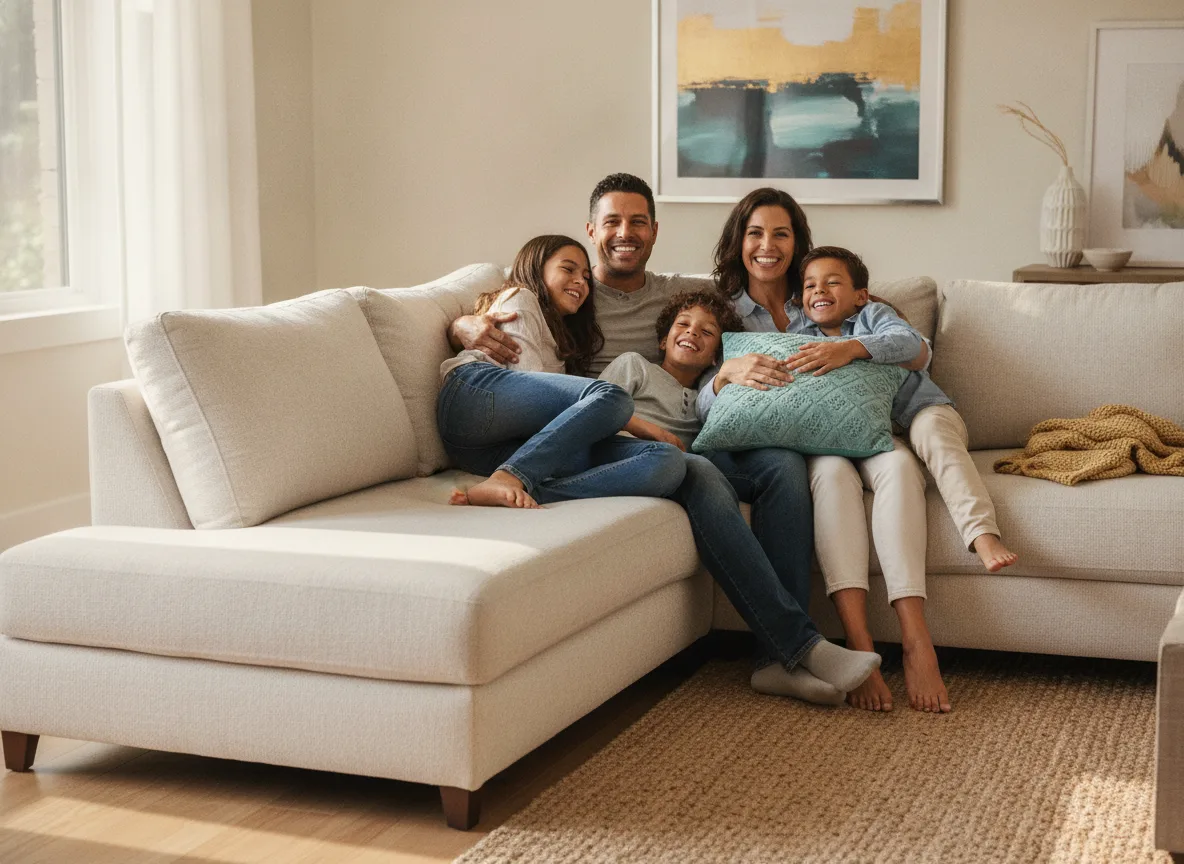 A family smiling together on a sofa at home